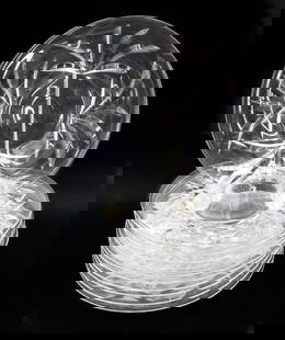 11 Steuben Art Glass Dessert Plates  in Leaves Signed: 11 Steuben art glass dessert plates in Leaves, Signed. Etched leaves throughout body. Marked "S" to underside of one. Weight: Approx. 10 lbs Measurements: Approx. 8.5 inches diameter Condition: Very g