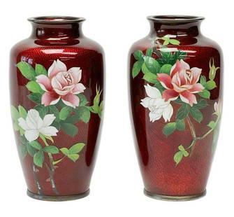 Pair Japanese Cloisonné Enamel Vases Roses Bamboo Meiji Period: Pair of Japanese Cloisonne enamel vases, Meiji period. Vases decorated with a textured red ground with bamboo chutes. Cloisonne enamel decoration of pink and white roses to the center. Apparently unma