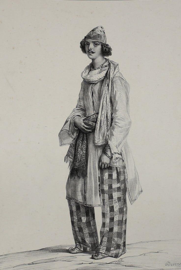 Achille Deveria (French 1800-1857) Lithograph Indien, XIX Siecle No. 52: Deveria, Achille (French 1800-1857) Black and White Lithograph on wove paper, 'Indien, XIX Siecle'. No. 52. Signed 'A Deveria' in stone on lower right. 'GL' stamp on lower right. No printing en verso.