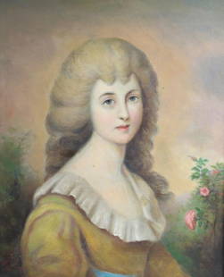 Continental Oil Painting on canvas, Portrait of young woman, 18th century: Continental Oil Painting on Canvas, Portrait of young woman in 18th century costume. Unsigned. Delicate beauty with flowering shrub in the background. Gilt wood frame. 18lbs Measurements: Approx. pain