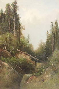 Frederick Ferdinand Schafter 19th century Oil painting on canvas Sierra Nevadas: Frederick Ferdinand Schafter (American 1839-1927) Oil painting on canvas "In The Sierra Nevada Mts." (Inscription written in the artist's hand on reverse.) Landscape scene with dense forest, small str