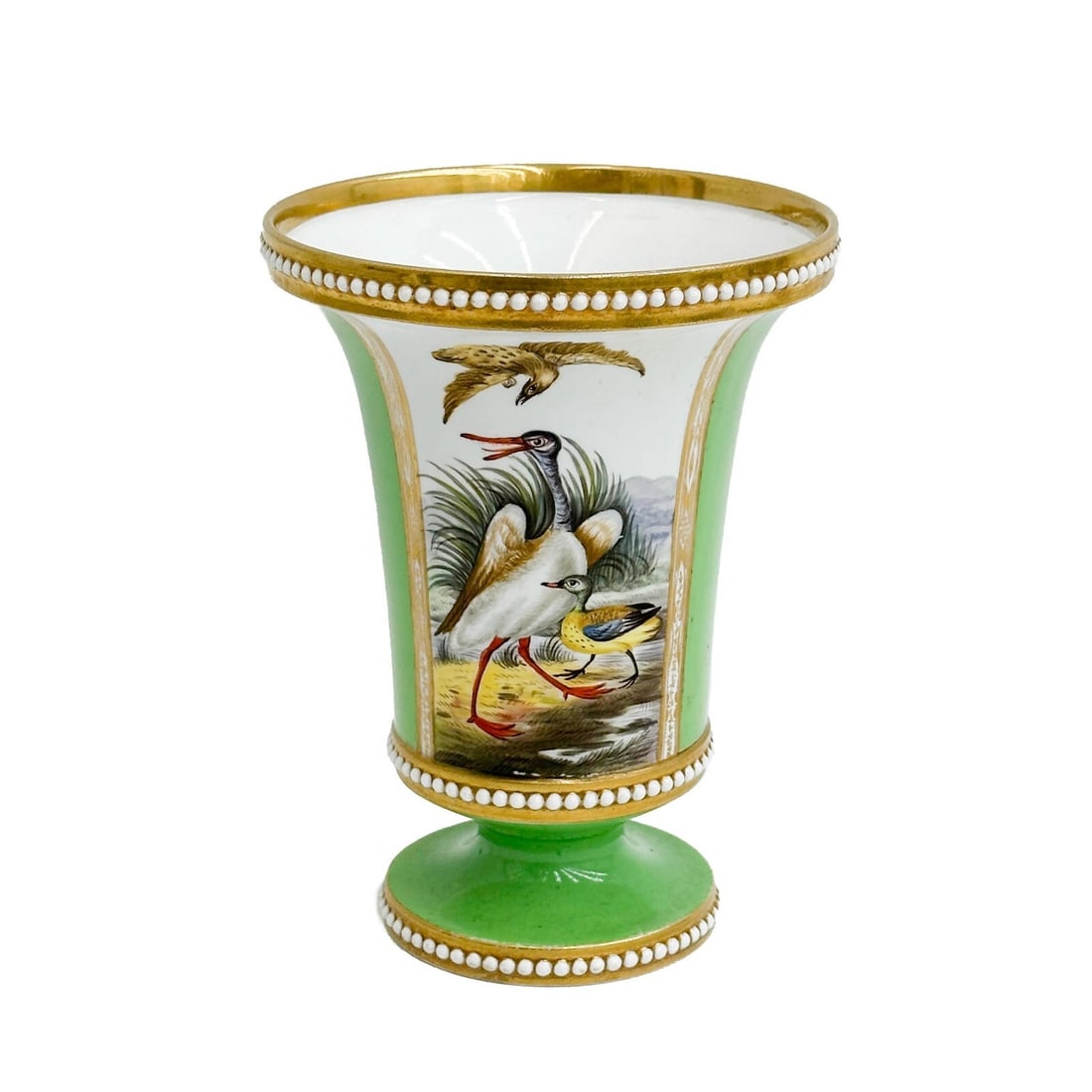 Spode English Hand Painted Porcelain Vase Birds Green 1st half 19th century: Spode English Hand Painted Porcelain Vase, 1st half 19th century. A green ground, hand painted scene with birds to one side, florals to the other. Raised white beaded edges, gilt accents. Marked 1793
