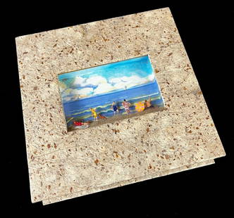Christine Rodrigues Schukow 3-dimensional diorama Box: Christine Rodrigues Schukow (20-21st Century) 3-dimensional shadow box diorama, mixed media jewelry style box. Ltd Edition, signed. Seashore with people on the beach.Measurements: Approx. Box 8 x 8 x