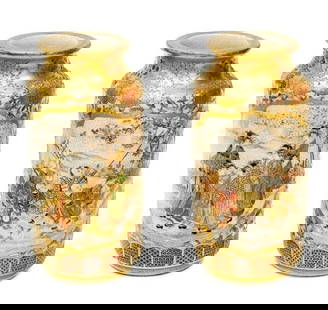 Pair Taizan Japanese Satsuma Hand Painted Porcelain Miniature Vases Meiji Signed: Pair Taizan Japanese Satsuma hand painted porcelain miniature vases, Meiji - Taisho period. Ornate raised gilt designs to the sides with colorful enamel decoration. Panels depict hand painted scenes f