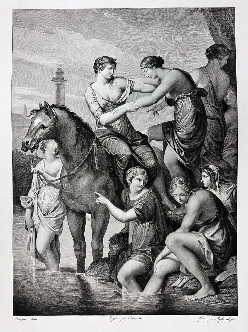 Engraving Jean Massard after Jaques Stella Clelie et ses compagnes 1809: Copper Engraving on wove paper After Jacques Stella (French 1596 - 1657), Title 'Clelie et ses compagnes', c1803-09. Engraver Jean Massard (French 1740 - 1822) Unframed.(5/24)Measurements: Approx. she