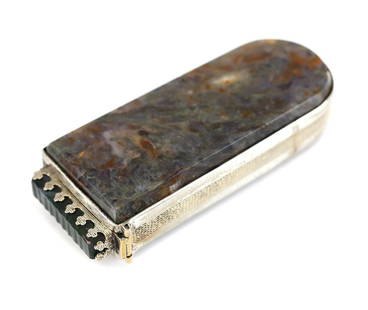 Continental Silver & Agate Match Safe, 19th Century Hand Cut & Polished Agate: Continental Silverplate & Agate Match Safe, 19th Century Beautiful hand cut and polished multi colored Agate panels. Unmarked. Press button to open. Weight:41.17g Measurements: Approx. 2.75"x1"x.625"