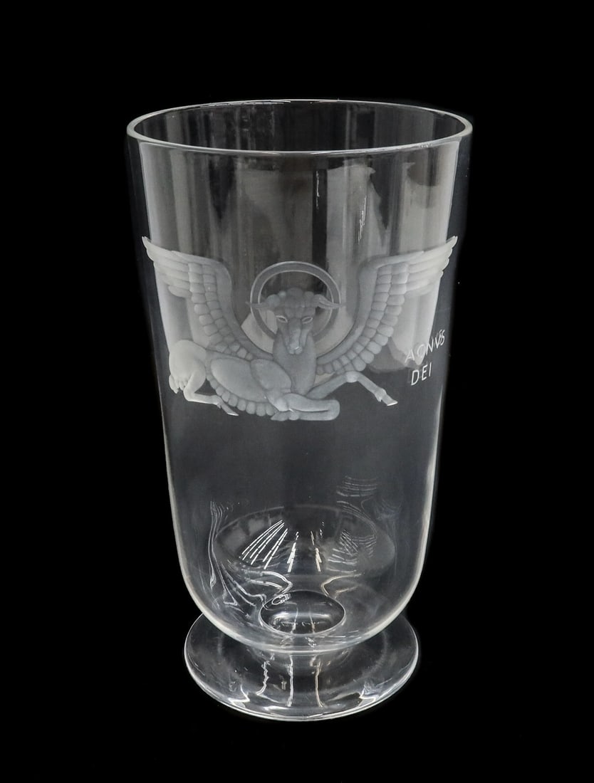 Steuben Art Glass Cut Glass Angus Dei Lamb of God by Sidney Waugh 20th 1937: Steuben Art Glass Cut Glass Angus Dei Lamb of God designed by Sidney Waugh 20th, 1937. Etched winged lamp with the Latin phrase, "Angus Dei" translating to "Lamb of God". Steuben mark to underside. We
