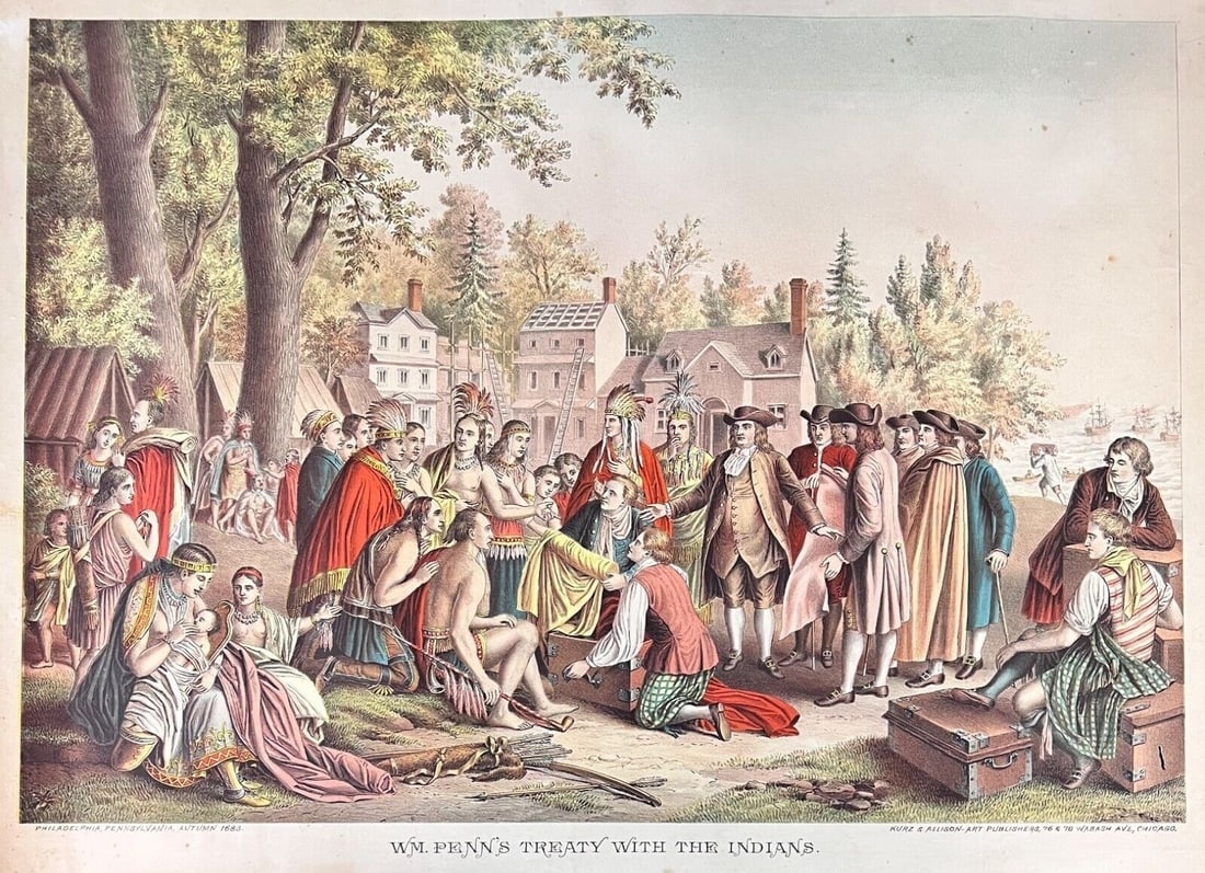 Chromolithograph after Benjamin West painting William Penn's Treaty: after the Benjamin West painting titled 'William Penn's Treaty with the Indians,' a Chromolithograph on paper, printed by Kurz & Allison, Chicago, late 19th Century. Measurements: Approx. sheet sheet