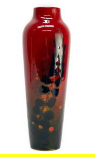 Royal Doulton Porcelain Sung Ware Noke Flambe Vase: Royal Doulton England Porcelain Sung Ware Noke Flambe Vase, circa 1910. Vibrant red with blue flowers. Royal Doulton mark to the underside and signed "Sung" to one side, "Noke" to another, as well as