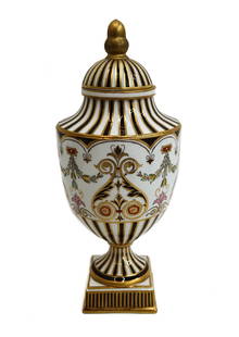 Wedgwood England Hand Painted Porcelain and Gilt Covered Urn circa 1880: Wedgwood England hand painted porcelain and gilt covered urn, circa 1880. White and Cobalt blue ground with hand painted foliate leaf swags and gilt accents. Wedgwood mark to underside base. Weight: A