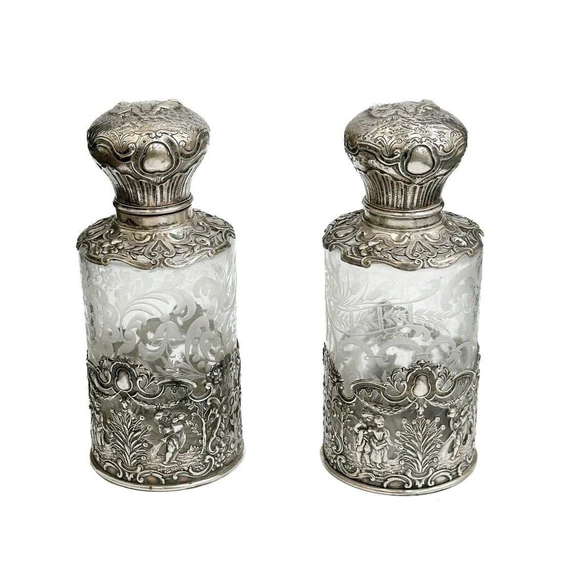 Pair Storck & Sinsheimer German Hanau Silver Etched Glass Perfume Bottles c 1900 (1 of 8)