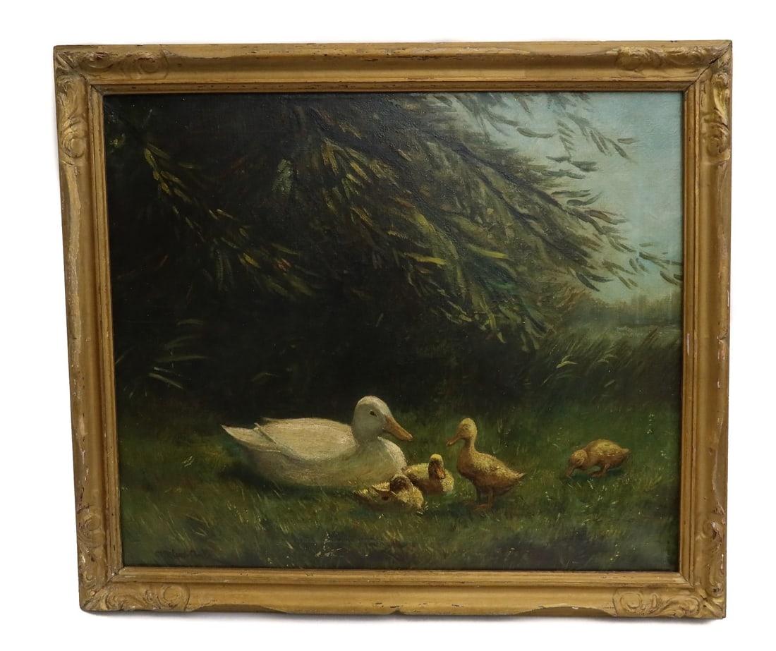 Constant Artz (Dutch, 1870-1951) Oil on Canvas Painting, Duck with Ducklings: Constant Artz (Dutch, 1870-1951) oil on canvas painting. The painting depicts a mother duck with her 4 ducklings walking in a grassy landscape. Artist signed to the lower left. In a period era hand ca