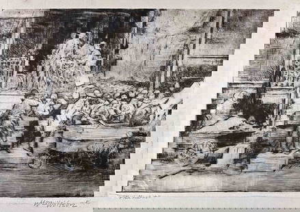 William Wolfson American 1894 - 1966 Etching Ltd Ed Fish Market Signed: William Wolfson (American / California 1894 - 1966) Etching on paper, titled 'Fish Market', bustling street scene, signed in pencil lower right in margin 'Wm Wolfson 15/40', also signed in plate lower