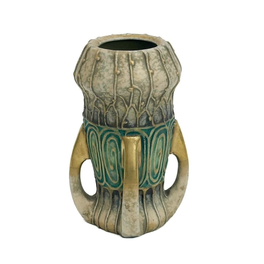 Amphora Austria Hand Painted Porcelain 4 Handled Vase circa 1900: Amphora Austria Hand Painted Porcelain Vase, circa 1900. 4 handled vase with beige blue and gilt decoration to the body. Underside marked Amphora Turn JMPER 5887 45 Weight: Approx. 1 lb Measurements: