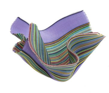 Carole Perry (American 20th Century) Filet-de-Verre Tapestry Bowl Calypso Signed: Carole Perry (American 20th Century) Filet-de-Verre tapestry bowl, "Calypso" Signed. Fused glass strands imitated to look like a purple and rainbow colored curved tapestry blanket formed bowl. Signed