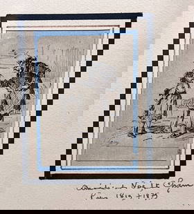 Amedee Cham de Noe Pen and Ink drawing of two figures a man and a girl: Amedee Charles Henry de Noe (Cham) (French 1818-1879) Pen and Ink drawing of two figures, a man and a girl. Signed lower left. with a notation on the mat paper. Small sheet is mounted to a backing pap