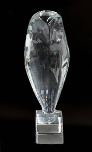 Baccarat France Crystal Glass Owl Sculpture by R. Rigot Signed Ltd Ed 200: A large Baccarat France crystal glass owl sculpture. Clear glass sculpture depicting an owl perched on a base. Signed Baccarat R Rigot and marked 180/200 1981. Acid Etched Baccarat mark to the undersi