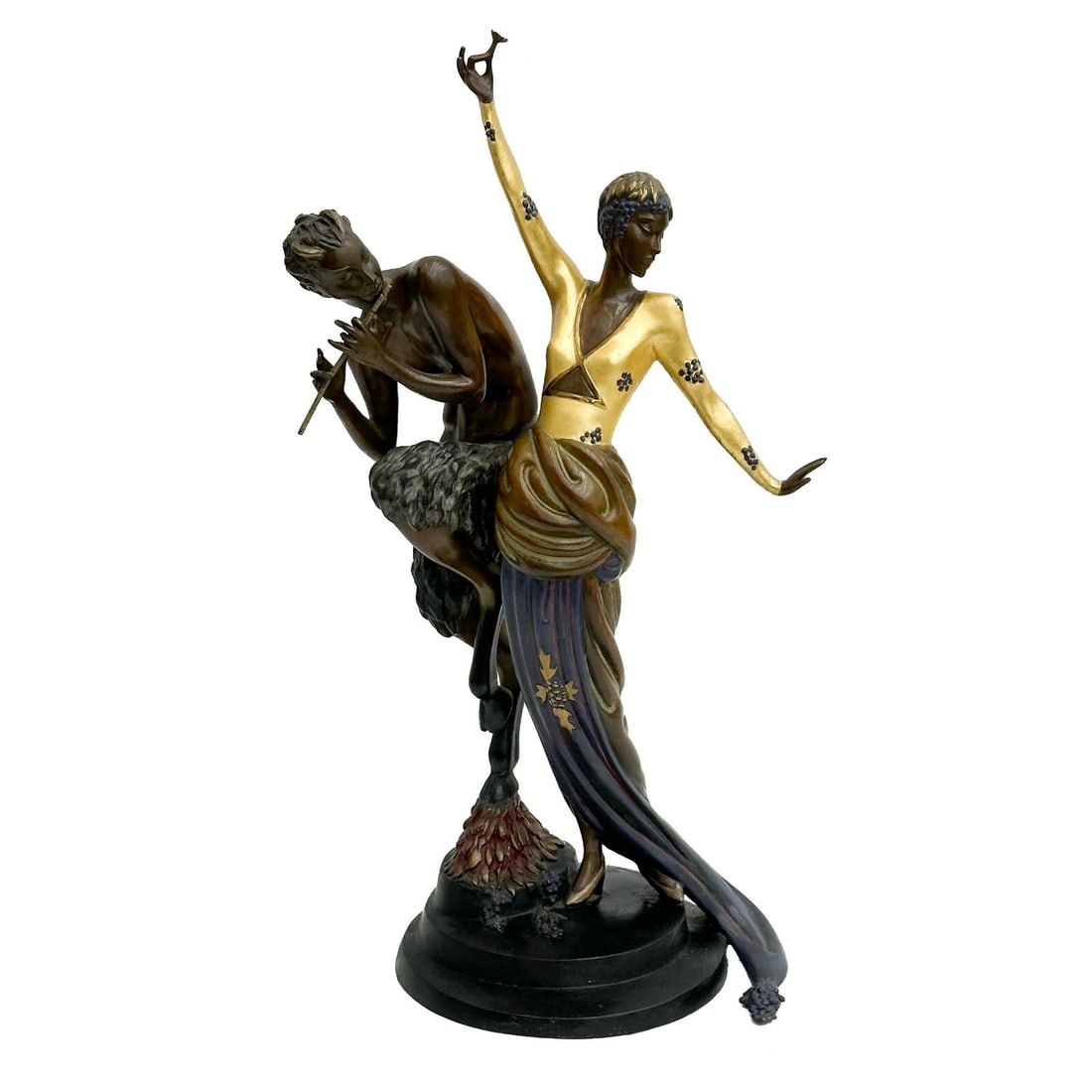 Erte Romain de Tirtoff Gilt Bronze Sculpture Woman and Satyr Ltd Ed/375 Signed: Erté (Romain De Tirtoff) (Russian/French 1892-1990) Patinated and Cold Painted Bronze Sculpture, Woman and Satyr. Depicts a woman in a blue and gold dress, satyr playing a pipe next to her. Signed Er