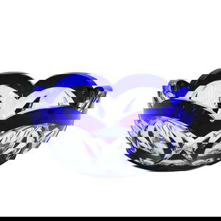 Baccarat France Cased 2-Layer Blue Cut to Clear Art Glass 10 inch Bowl Ltd Ed/5: Baccarat France Cased 2-layer Cobalt Blue Cut to Clear Art Glass Bowl. A scalloped rim, oval shaped cuts. Underside with Baccarat acid stamp to the underside, numbered out of a limited edition of 5. P