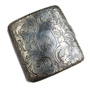 William B. Kerr Sterling Silver Card Case Etched Foliate Scrolls #4026 c1900: William B. Kerr sterling silver case #4026, circa 1900. Etched foliate scroll leaves throughout with an indistinguishable monogram to center. William B. Kerr sterling silver marks to edge of interior.