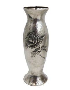 Shasaku Japanese Hand Hammered Rose Engraved Vase Meiji Period Artist Signed: Shasaku Japanese Hand Hammered Rose Engraved Vase, Meiji Period. Artist signed towards base. Tests for silver. Weight Approx., 17.71 ozt Measures Approx., 3.5 inches diameter x 10.5 inches tall Domest