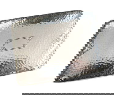 James E. Blake & Co. Sterling Silver Hand Hammered Gilt Card Case #192 c1900: James E. Blake & Co. sterling silver card case, circa 1900. Hand hammered exterior with an open square monogram to center. Gilt engine turned interior. Marked James E. Black sterling. Weight: Approx.