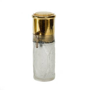 Rene Lalique France Art Deco Frosted Glass Perfume Atomizer circa 1920: Rene Lalique France Art Deco frosted glass perfume atomizer, circa 1920. Colorless frosted glass base with etched panels of figural women. Gilt metal lids. Lids marked Made in France Brevete SDCO, Cor