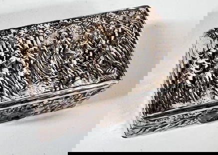 Silver pill trinket box repousse Primavera by Botticelli 1980: Small silver pill or trinket box; repousse Primavera scene after the painting by Botticelli. Gilt interior. John Silvant & Marguerite Jones London 1980. Hallmarks on edge of lid. Measurements: Approx.