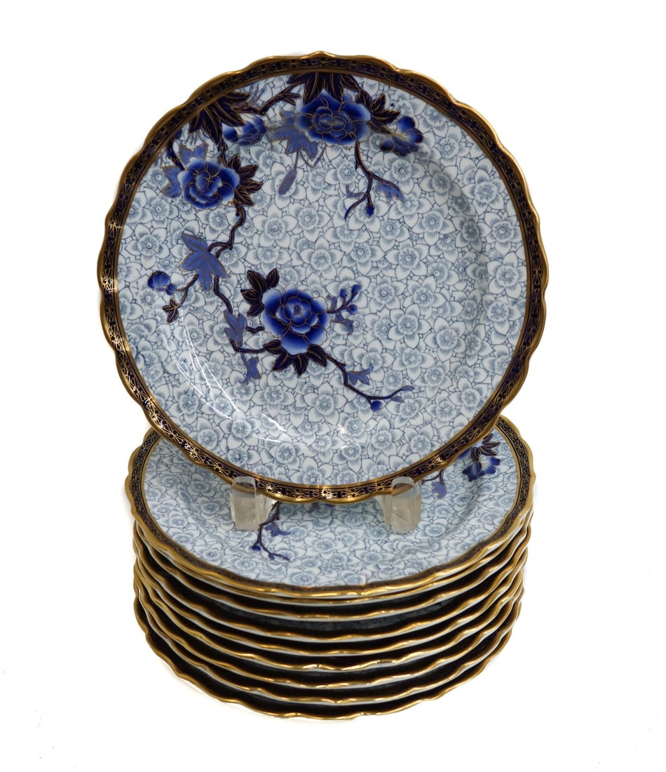 10 Royal Worcester England Porcelain 9.125 inch Plates Blue Gilt Florals 1882 (1 of 7)