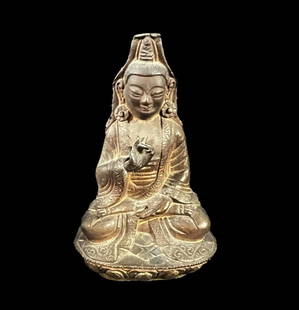 Sino-Chinese Seated Bronze Guanyin Figure: Seated Bronze Guanyin Figure, seated on lotus, legs crossed, Abhaya Mudra. No flower or bottle in hand. Likely 19-20th century. Measurements: Approx. 6 inches height x 3.5 x 2.5inches Condition: Good