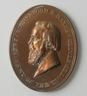 George T. Morgan Rutherford B. Hayes Bronze Indian Peace Medal Early Strike: George T. Morgan Rutherford B. Hayes Bronze Indian Peace Medal, Obverse has the left facing profile of Hayes, with 'Morgan' lower right of bust; Reverse image of pioneers; man talking to Indian chief