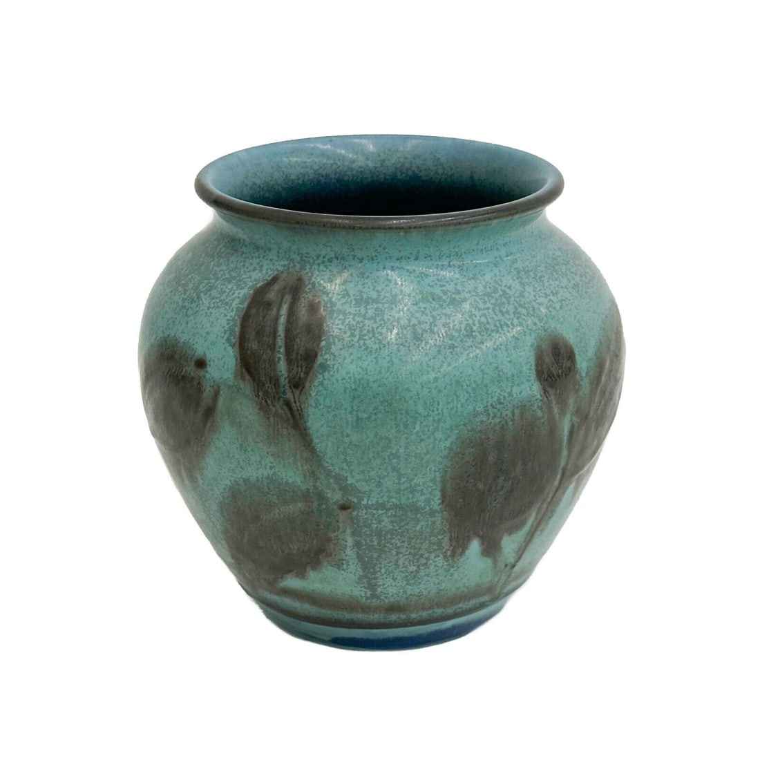 Rookwood Pottery Vellum Glazed Vase by Elizabeth Barrett 1930 #130: Rookwood Pottery Vellum Glazed Vase by Elizabeth Barrett, 1930. A blue ground decorated with raised leaves. Underside with Rookwood pottery marks, artist's mark for Elizabeth Barrett, numbered 130 Wei