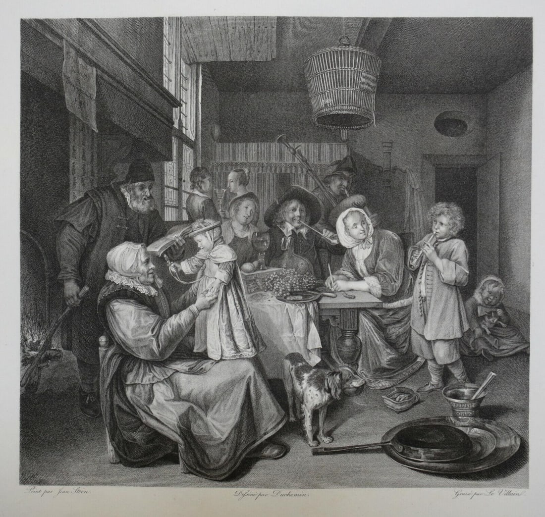 Early 19th Century Engraving Family around fireside Steen Duchemin Villain: Engraving on paper, Family group around a fireside table, from the original by Jan Steen/Stein. Designer Duchemin, Engraver Le Villain (1822-1852 (fl.) Unframed. originally bound in portfolio, gilt ed
