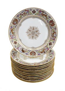 12 Manufacture de Sevres Louis Philippe Hunting Chateau Fontainebleau Plates: 12 Manufacture de Sevres Louis Philippe Hunting Chateau Fontainebleau Plates. Commonly referred to as Hunting pattern, the rim with various hand painted animals with foliate scroll accents. A gilt sta