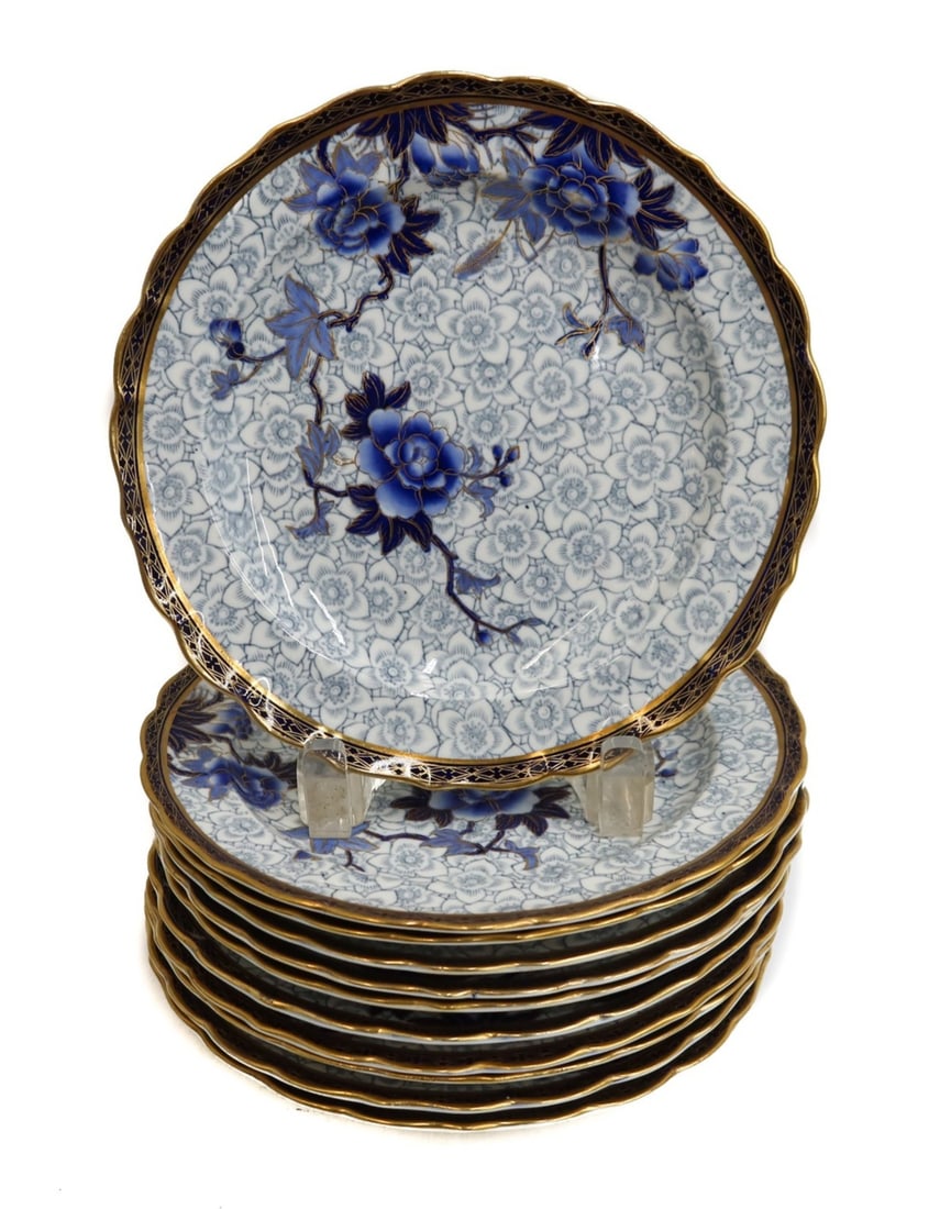 11 Royal Worcester England Porcelain 8 inch Plates Blue Gilt Florals 1903 (1 of 6)