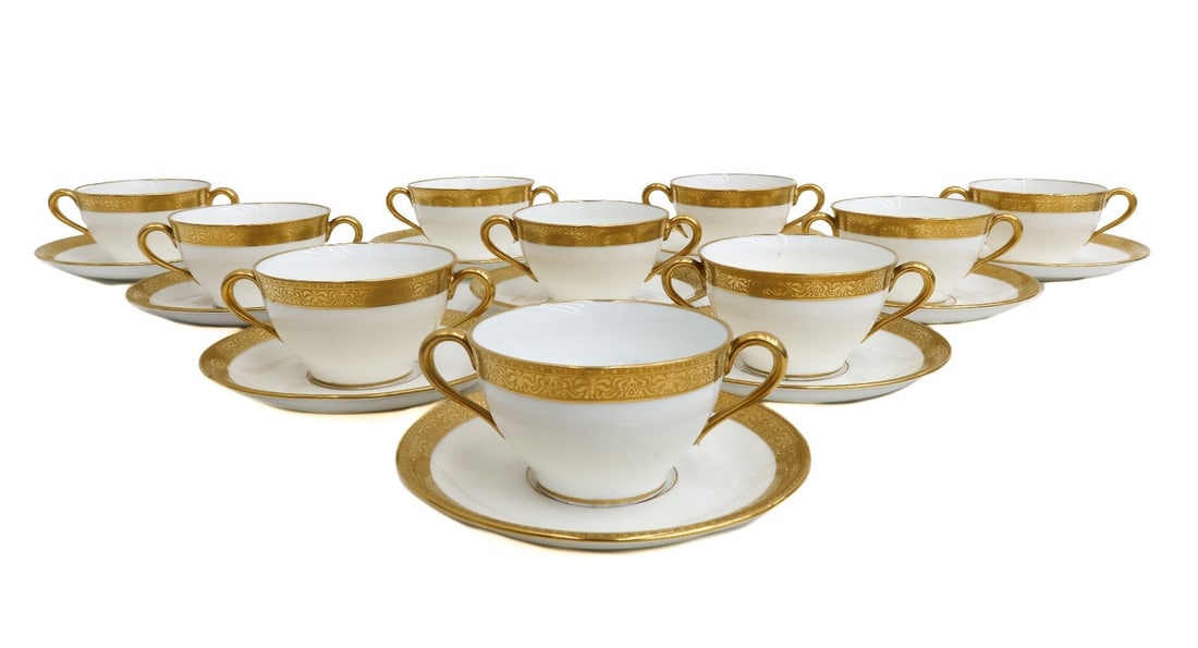 10 Lenox for Tiffany & Co Porcelain Gilt Rimmed Bouillon Bowls and Plates c1920 (1 of 6)