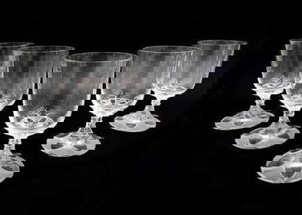 5 Lalique France Cut Glass Clear and Frosted Claret Wine Goblets in Valencay: 5 Lalique France cut glass clear and frosted claret wine goblets in Valencay. Clear and frosted cut glass to base. Lalique France to underside. Weight: Approx. 3 lbs Measurements: Approx. 3 inches dia