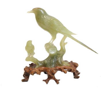 Jade Carved Bird Figurine, Intricately detailed large bird and small bird: Jade Carved Bird Figurine, Intricately detailed large bird and small bird perched on a branch. On carved wood presentation base. Figure only 350 grams. Measurements: Approx. 5.5" height not including