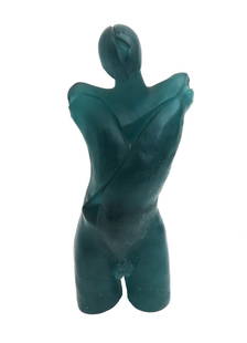 Daum France Pate de Verre Crystal Figurine Theoreme by Capo Di Fletre Ltd Ed: Daum France teal blue Pate de Verre crystal glass figure - Theoreme by Capo Di Fletre, Limited Edition. The sculpture depicts an abstract torso of a man. Artist signed to lower thigh base and limited