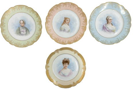 4 Limoges France Raphael Weill et Co Hand Painted Portrait Plates c 1910: 4 Limoges France Raphael Weill et Co San Francisco Hand Painted Portrait Plates. Colorful rims, each with a portrait of a young woman, signed E Furlaud. Underside marked Limoges France Raphael Weill e