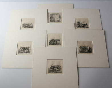 Aelbert Jacobsz Cuyp Dutch  1620-1691 Miniature Etchings 7pc VI Stuks Koitjes: Aelbert Jacobsz Cuyp (Dutch 1620-1691) Miniature Etchings, series with the corresponding title page "VI Stuks Koitjes Geetst door A. Cuyp"; images of cattle in landscape. Four with monogram in plate;
