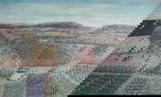 Jean Busquets (French 1895-1962) Oil painting Vineyard Landscape, early work: Jean Busquets (French 1895-1962) Oil painting on canvas, Early painting, idyllic vineyard / pastoral landscape, folk / naive style in thickly applied paint; unsigned. Canvas painted on reverse side. I