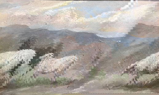 G William Ambrose Oil painting sheep in a landscape c1830: G William Ambrose (Canadian 1828-1876) Oil painting on board, sheep in a landscape. c1860 (BF1) Measures Approx. board 9.5 x 6; framed 15 x 11.25 x 1 inches Domestic Shipping: $40