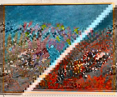 Harry Lieberman folk art style Acrylic painting Group of Angels: Harry Lieberman (1876 - 1983) Primitive / folk art style Acrylic painting on canvas dated 1966, titled " Group of Angels", judaic subject, groups of rabbinical figures to the left. Accompanied with a