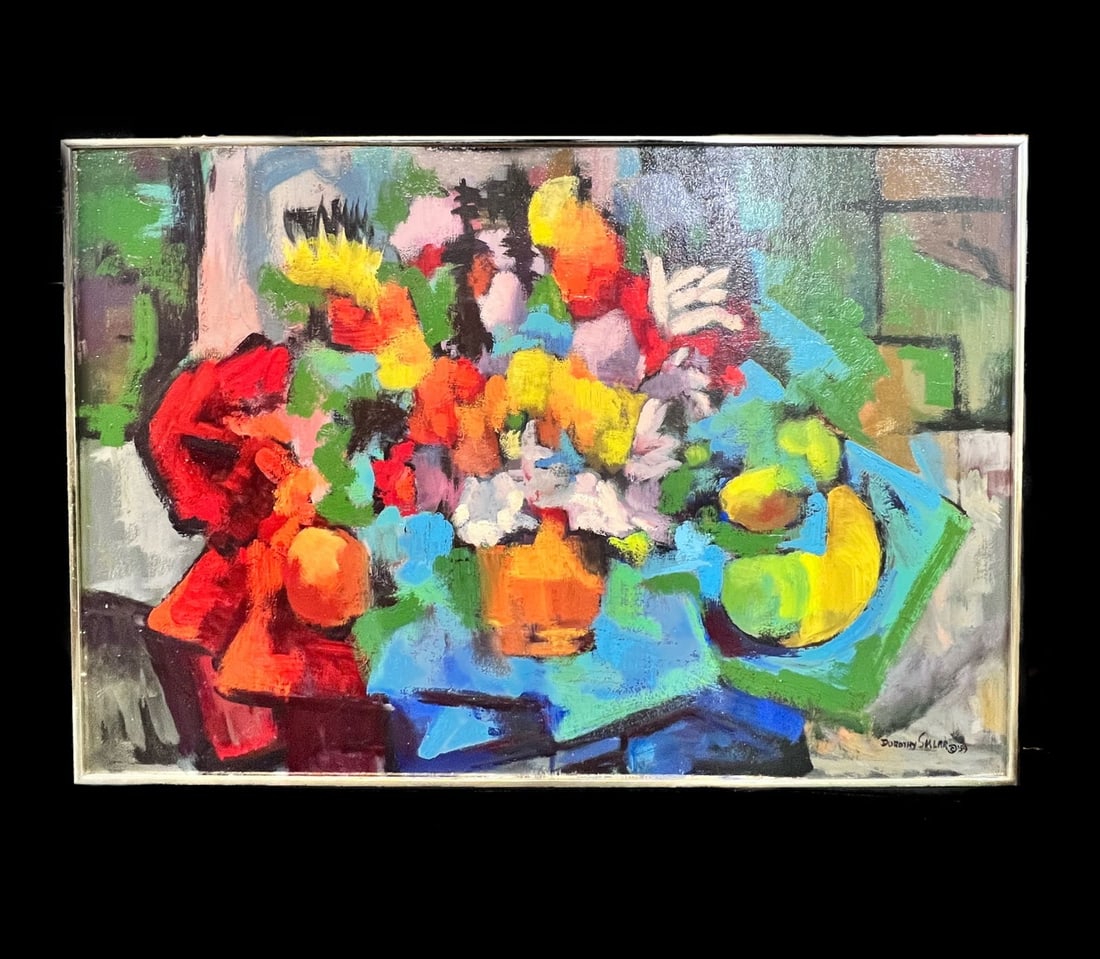 Dorothy Sklar Oil painting Mid Century Modern Floral 1959: Dorothy Sklar (California 1906-1996), Oil painting on masonite, titled "Spring Bouquet". Signed and dated lower right. Metal frame. (WSF) Measures Approx. board 35.5 x 23.5 inches; framed 36.25 x 24.3