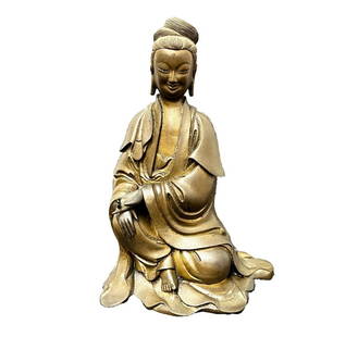 Chinese Bronze Cast Guanyin Statue: Chinese Bronze Cast Guanyin Statue, c late 19th early 20th. Seated figure, Bhumisparsa Mudra. Eyes downcast. 4.8lb Approx Measurements: 8.375 x 6 x 4 inches.