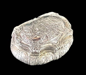 German c1900 Sterling Silver Trinket Snuff Box Antiquity scenes: German Sterling Silver Trinket Box, c1900, repousse antiquity scene on the lid, various vignettes on the sides. Gilt on interior is mostly worn. Marked "Sterling Germany" Measurements: Approx. 110.06g