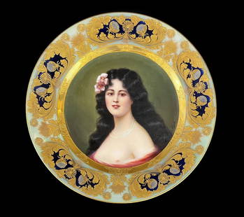 Royal Vienna Austria Hand Painted Porcelain Cabinet Plate Jugend: Royal Vienna Austria Hand Painted Porcelain Cabinet Plate 'Jugend' circa 1900. Hand painted portrait of young woman with flower in hair, signed lower right, 'A Bork'. Iridescent green border, raised g