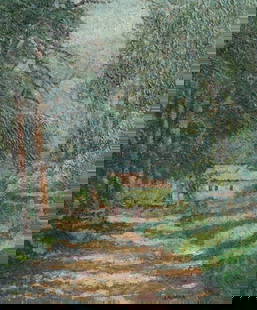 Harry Lachman American 1886-1975 Landscape Oil painting California Cottage: Harry Lachman American 1886 - 1975 Oil painting on canvas, titled "Cottage in California" small house in a forested landscape. Signed lower right "Lachman". Wood frame. Original partial gallery label