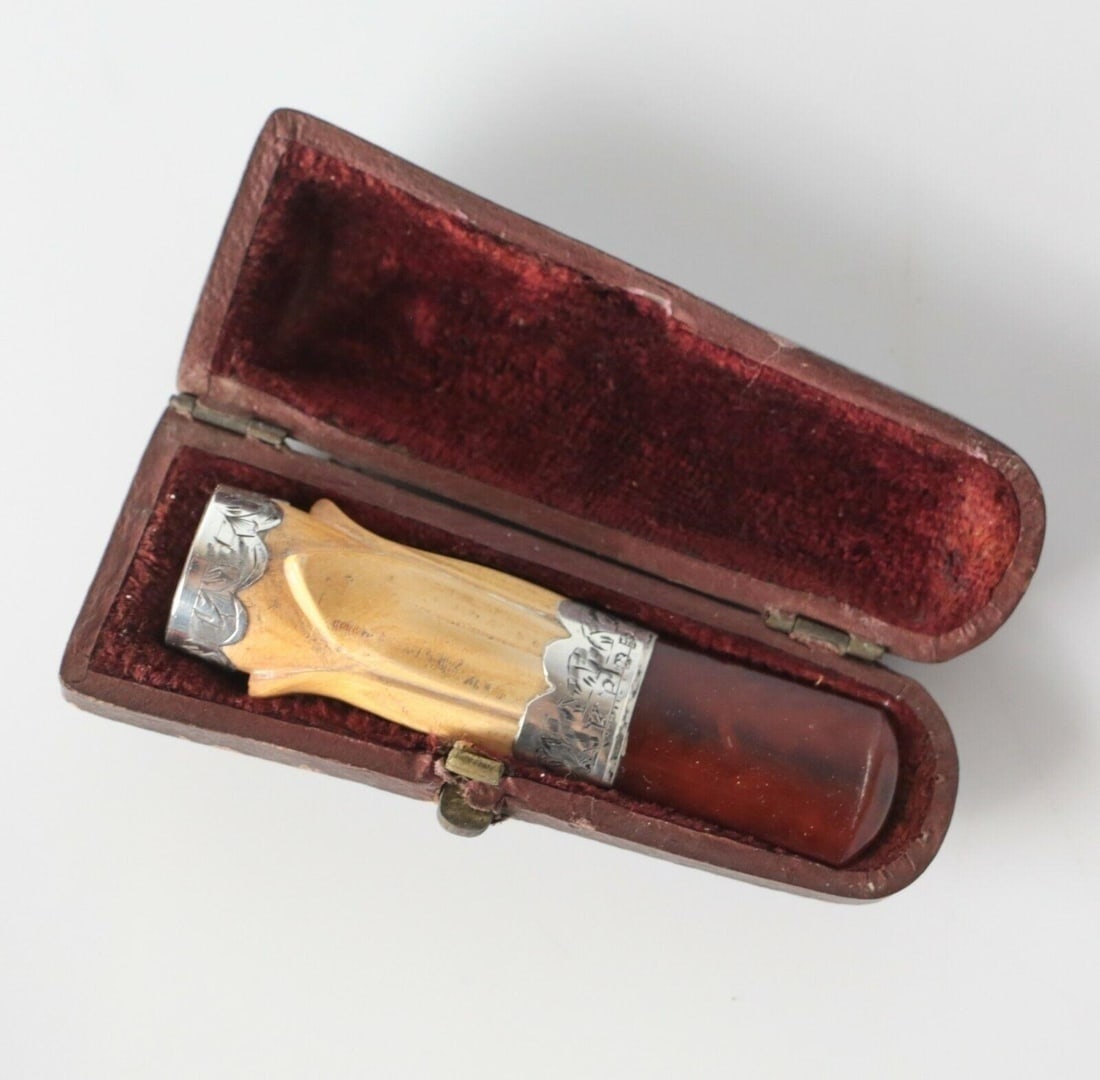 Estate British Meerschaum Cheroot Cigar holder Amber stem sterling Silver band (1 of 5)
